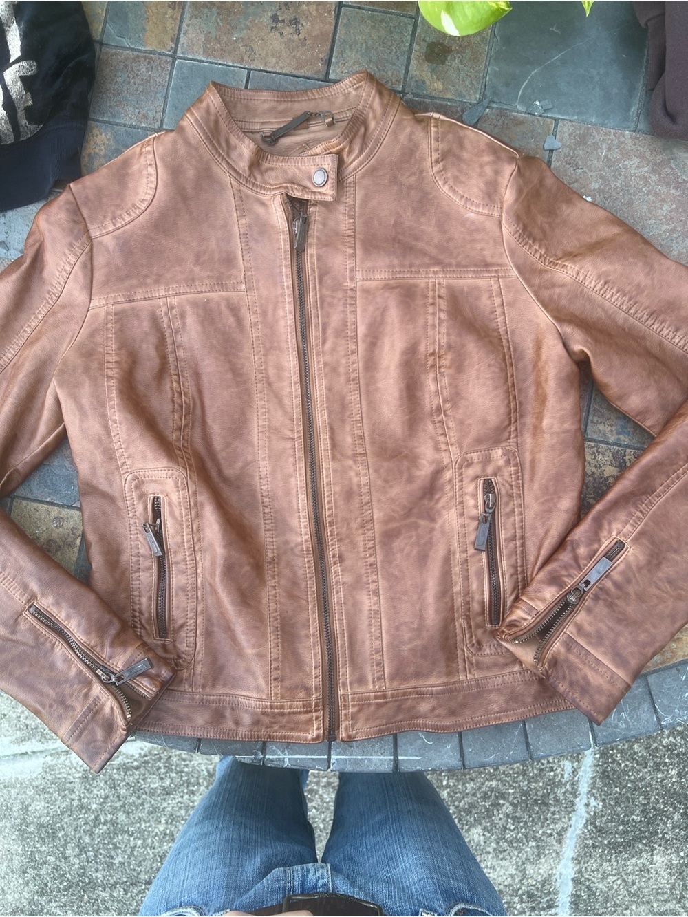 Jou Jou Tan Faux Leather Moto Jacket